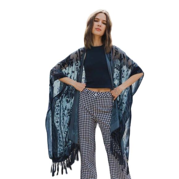 Floral Velvet Burnout Tassel Kimono / Boho Floral Top - Picture 2 of 7